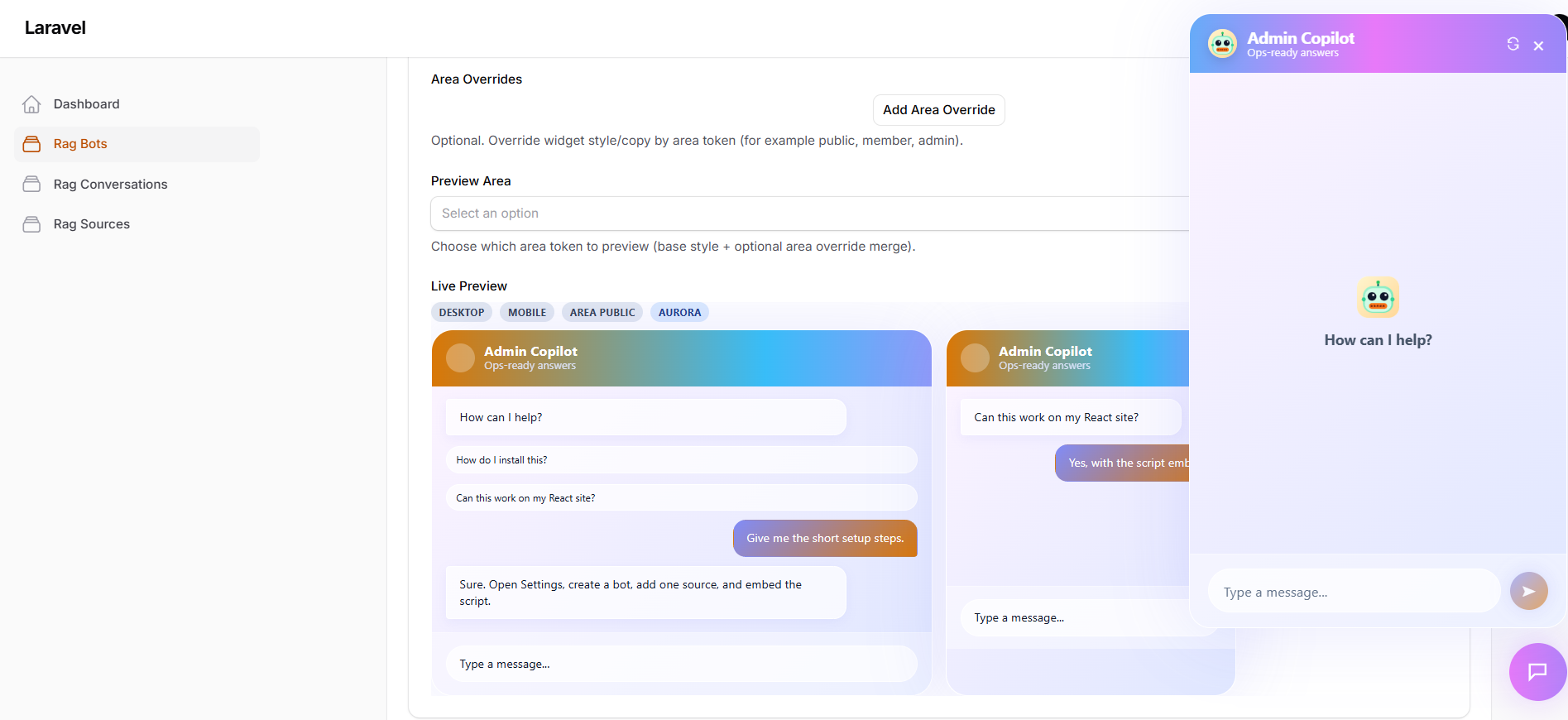 Live widget preview panel with area overrides for assistant