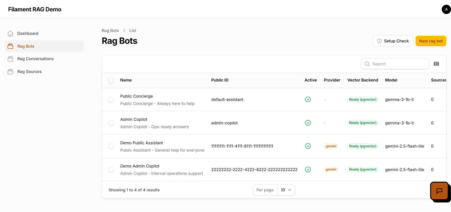 RAG bot management list with status, provider, and backend details