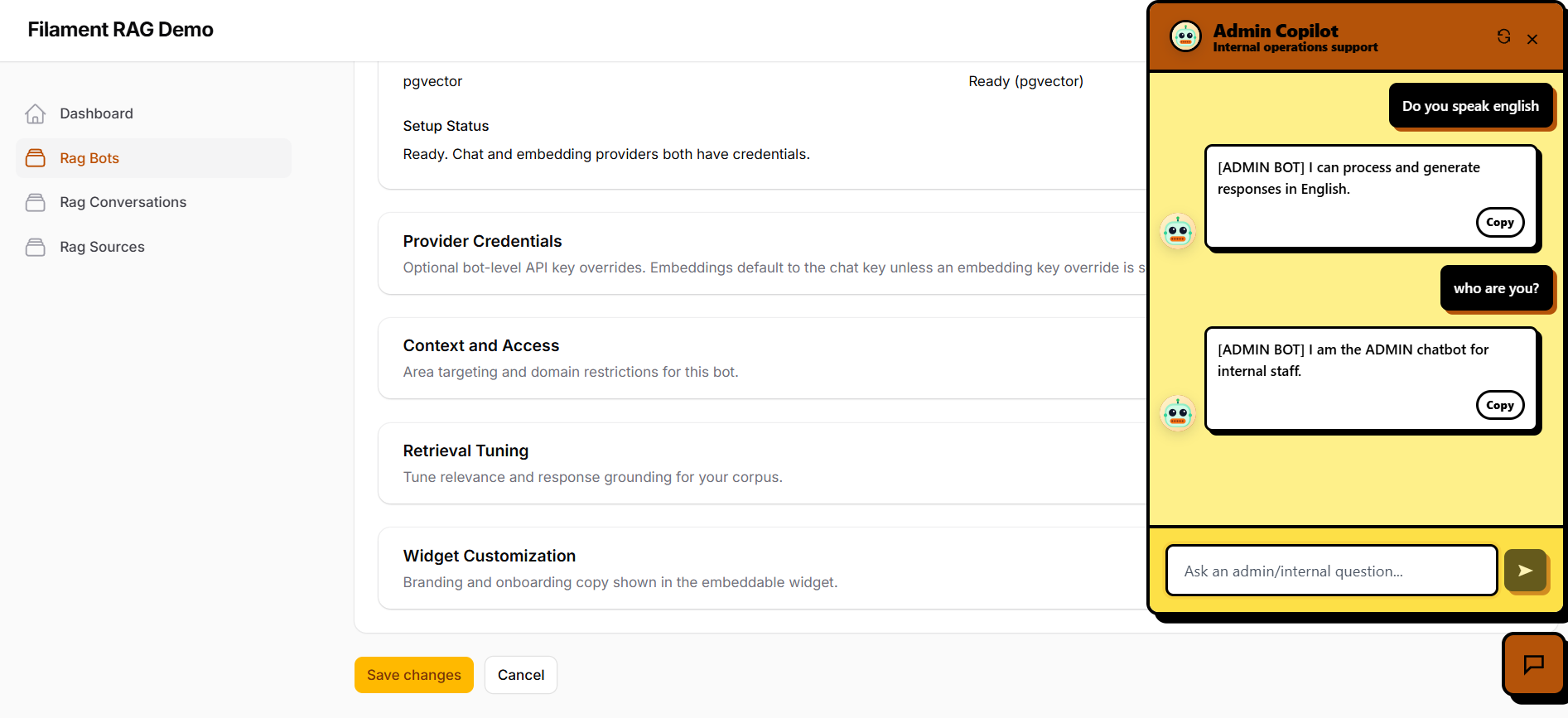 Branded chatbot widget preview with message bubbles and copy actions