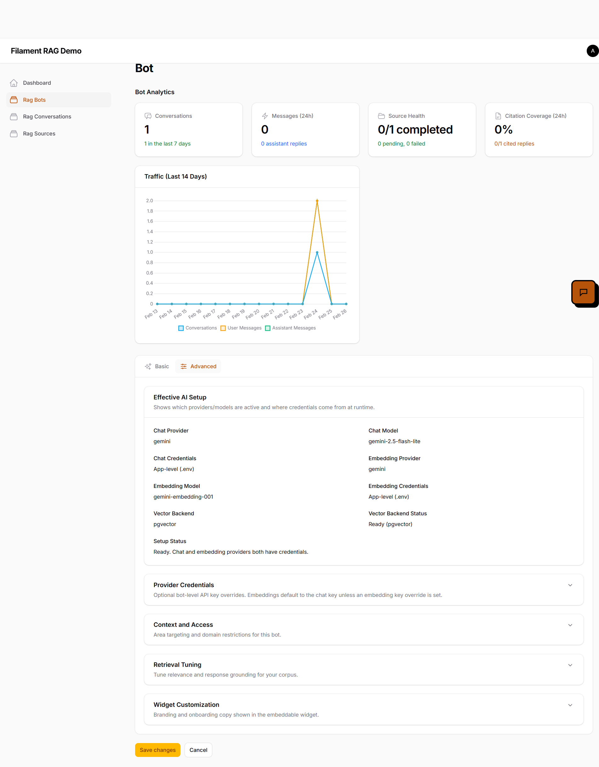 Detailed bot analytics and advanced configuration screen with retrieval and widget options